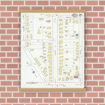 Old map wall art mockup — magnetic wood frame on brick wall — Sanborn Fire Insurance Map from Batavia, Genesee County, New York (1919), Sheet #0017