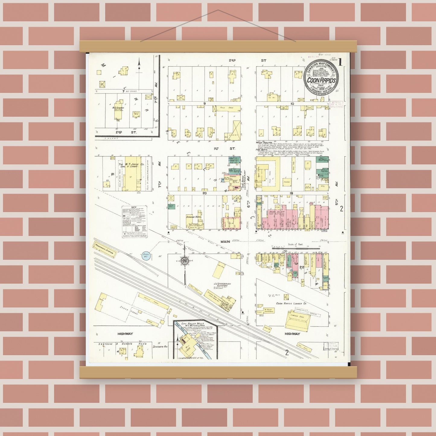 Old map wall art mockup — magnetic wood frame on brick wall — Sanborn Fire Insurance Map from Coon Rapids, Carroll County, Iowa (1909) â€” Complete Set