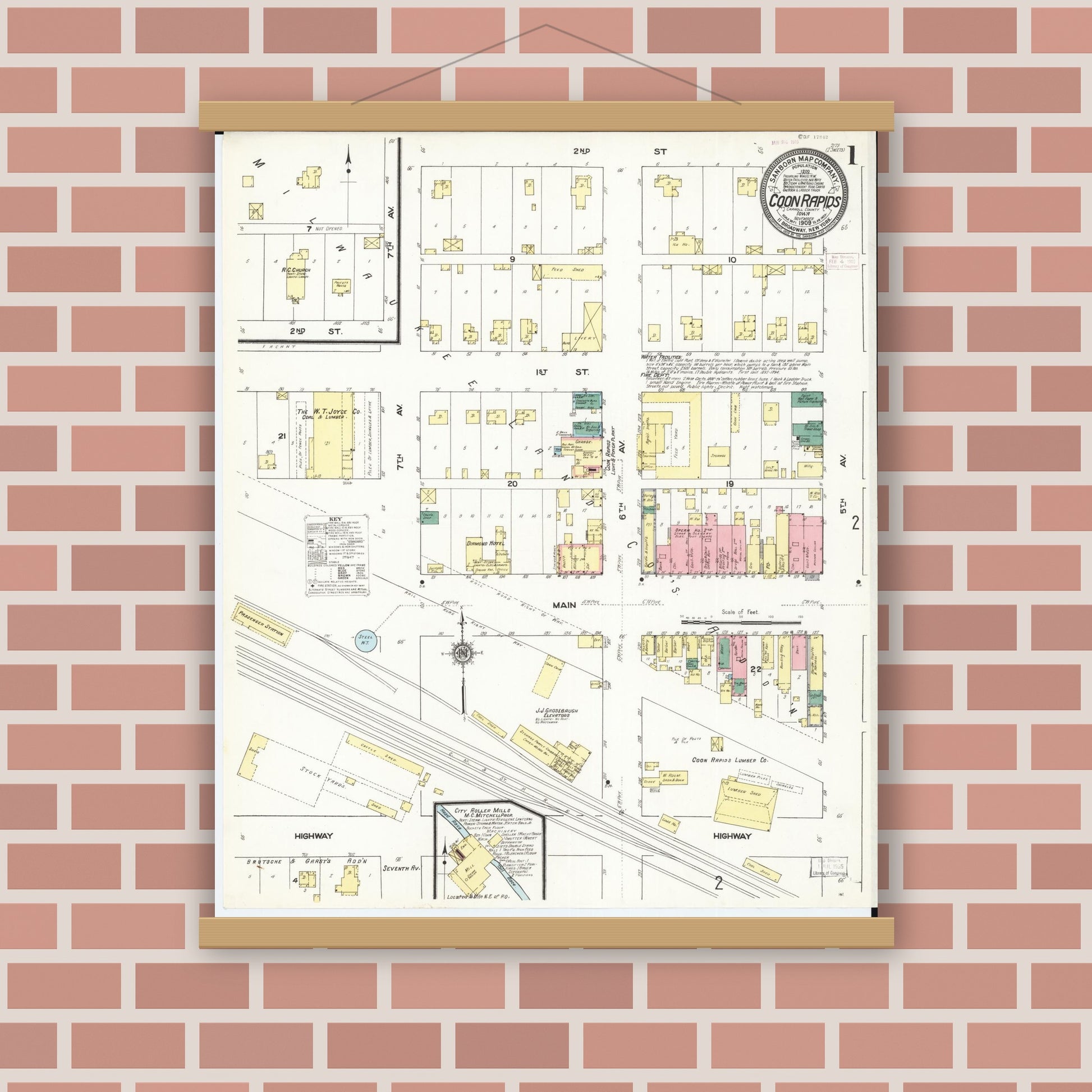 Old map wall art mockup — magnetic wood frame on brick wall — Sanborn Fire Insurance Map from Coon Rapids, Carroll County, Iowa (1909) â€” Complete Set
