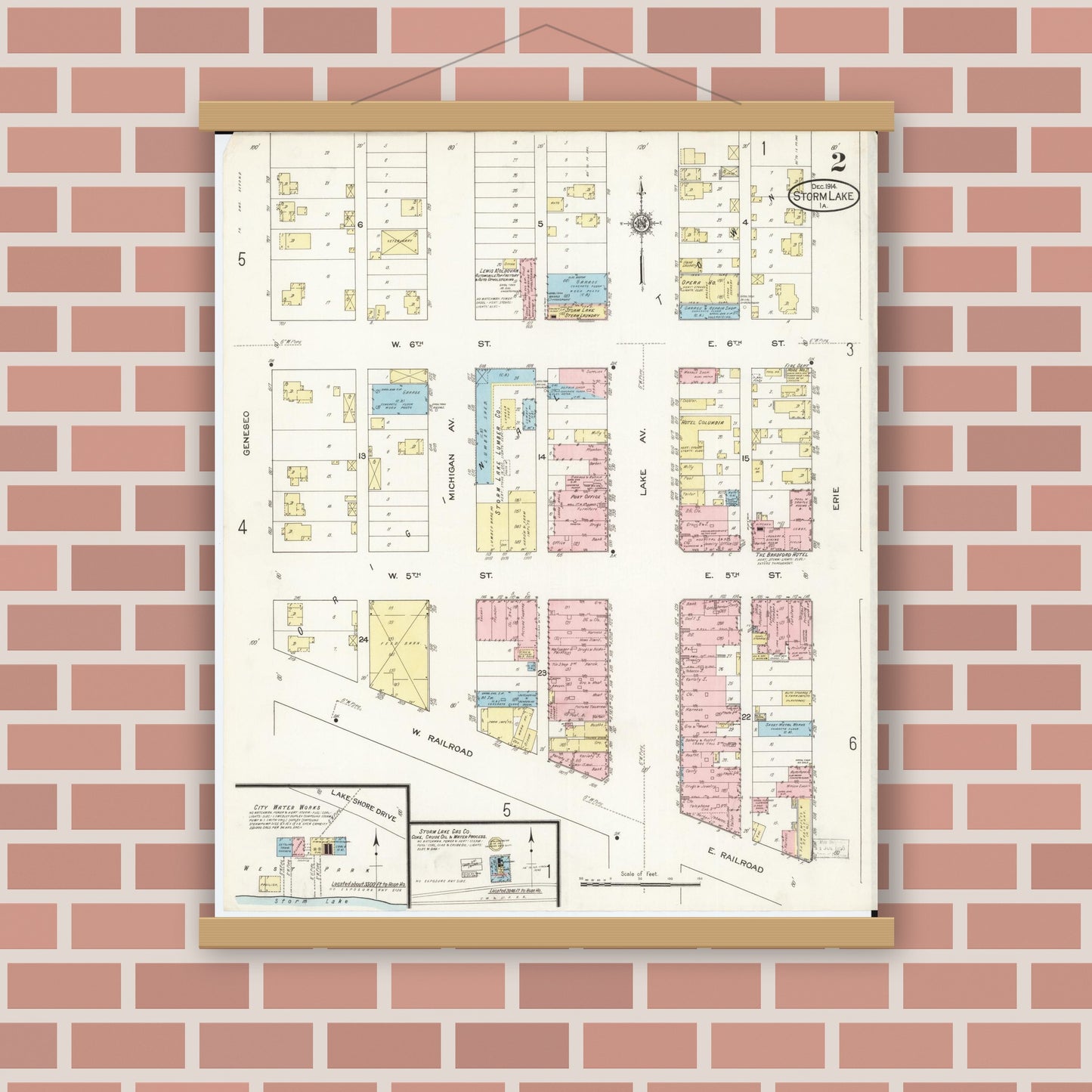 Old map wall art mockup — magnetic wood frame on brick wall — Sanborn Fire Insurance Map from Storm Lake, Buena Vista County, Iowa (1914), Sheet #0002