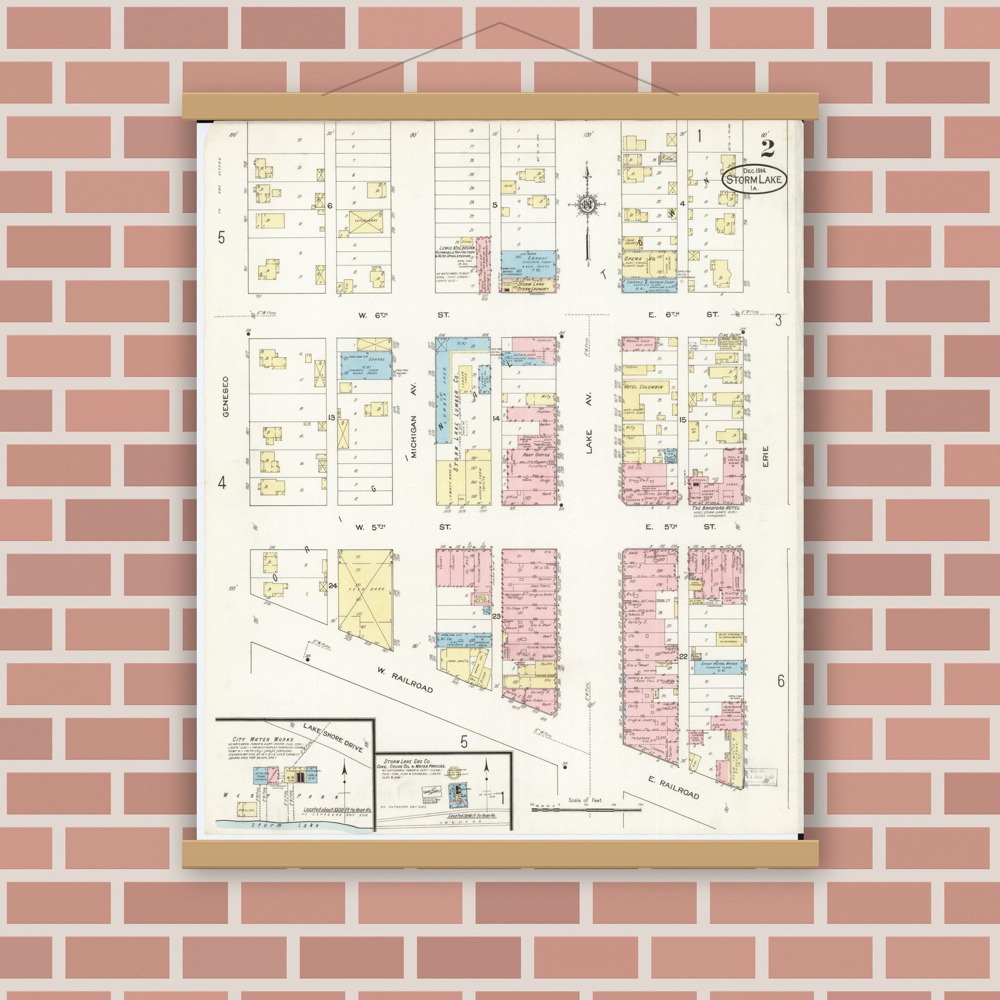 Old map wall art mockup — magnetic wood frame on brick wall — Sanborn Fire Insurance Map from Storm Lake, Buena Vista County, Iowa (1914), Sheet #0002