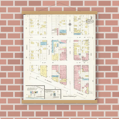Old map wall art mockup — magnetic wood frame on brick wall — Sanborn Fire Insurance Map from Storm Lake, Buena Vista County, Iowa (1914), Sheet #0002