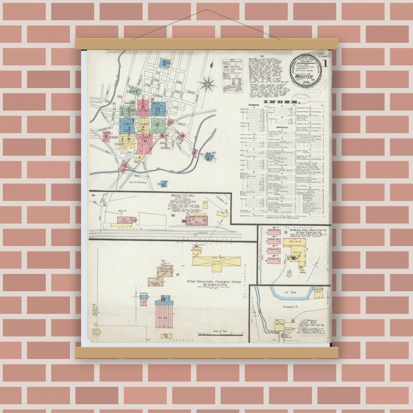 Old map wall art mockup — magnetic wood frame on brick wall — Sanborn Fire Insurance Map from Wooster, Wayne County, Ohio (1898) - Complete Map Set
