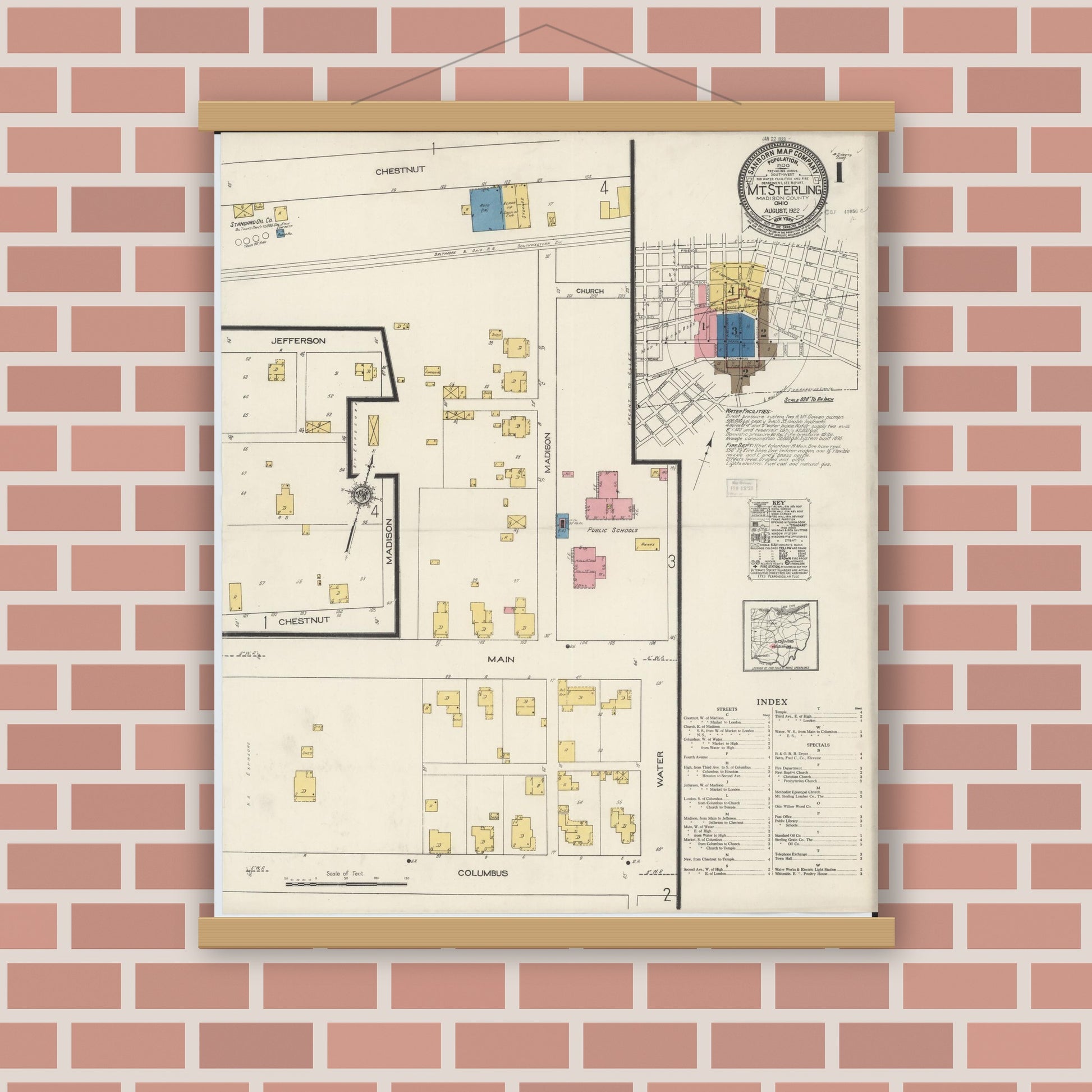 Old map wall art mockup — magnetic wood frame on brick wall — Sanborn Fire Insurance Map from Mount Sterling, Madison County, Ohio (1922) - Complete Map Set