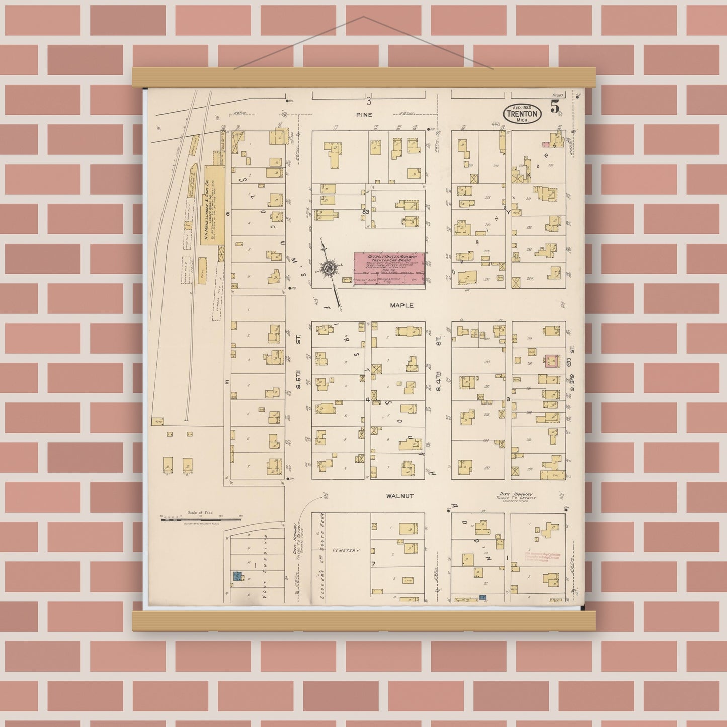 Old map wall art mockup — magnetic wood frame on brick wall — Sanborn Fire Insurance Map from Trenton, Wayne County, Michigan (1922), Sheet #0005
