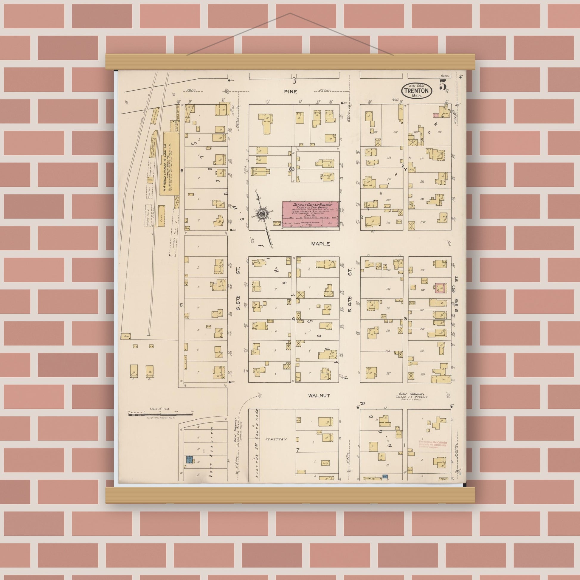 Old map wall art mockup — magnetic wood frame on brick wall — Sanborn Fire Insurance Map from Trenton, Wayne County, Michigan (1922), Sheet #0005