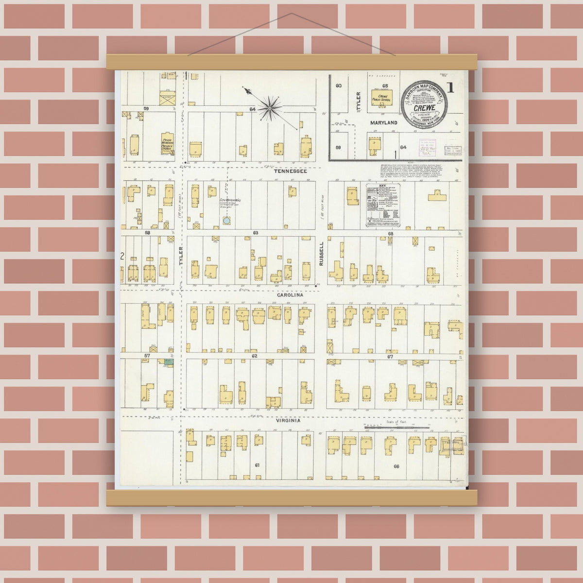 Old map wall art mockup — magnetic wood frame on brick wall — Sanborn Fire Insurance Map from Crewe, Nottoway County, Virginia (1904) - Complete Map Set