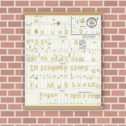 Old map wall art mockup — magnetic wood frame on brick wall — Sanborn Fire Insurance Map from Crewe, Nottoway County, Virginia (1904) - Complete Map Set
