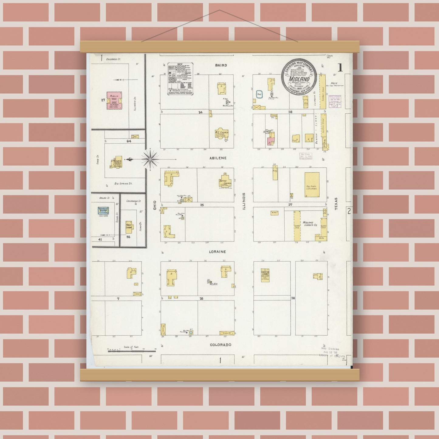 Old map wall art mockup — magnetic wood frame on brick wall — Sanborn Fire Insurance Map from Midland, Midland County, Texas (1905), Sheet #0001