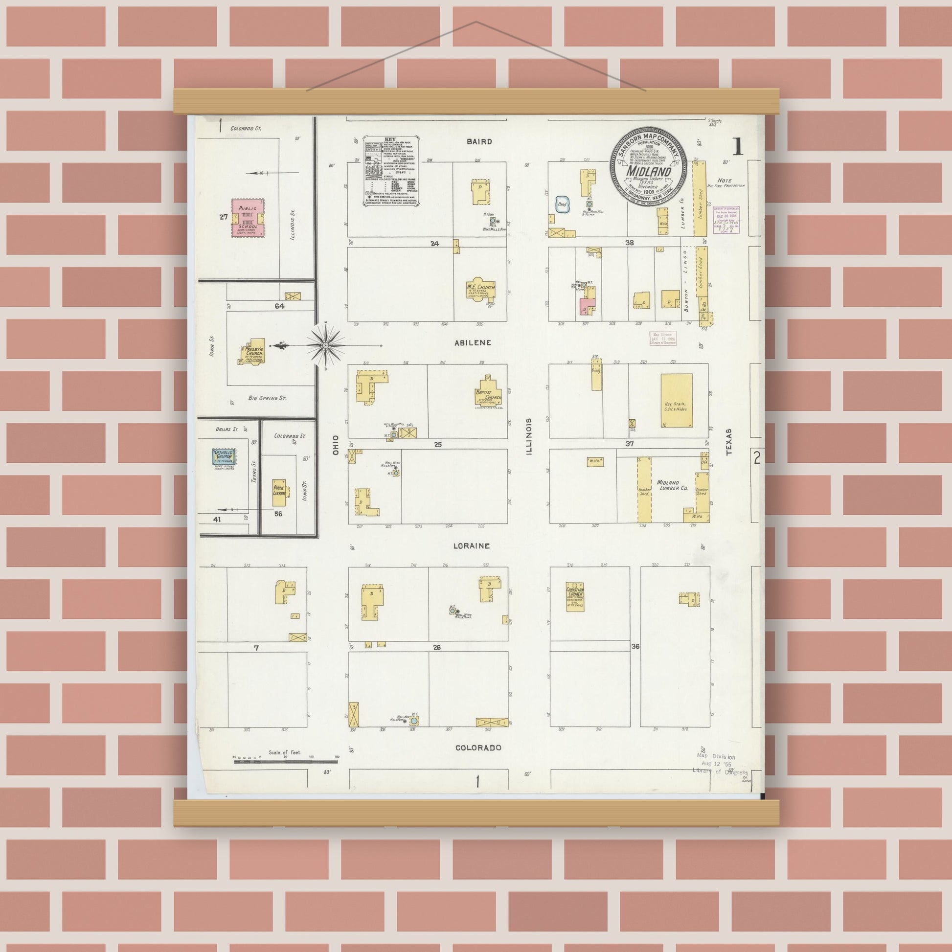 Old map wall art mockup — magnetic wood frame on brick wall — Sanborn Fire Insurance Map from Midland, Midland County, Texas (1905), Sheet #0001