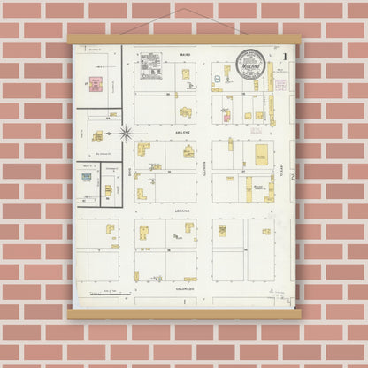 Old map wall art mockup — magnetic wood frame on brick wall — Sanborn Fire Insurance Map from Midland, Midland County, Texas (1905), Sheet #0001