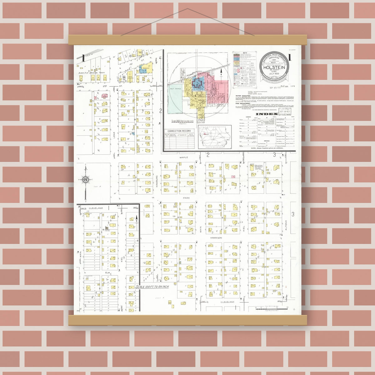 Old map wall art mockup — magnetic wood frame on brick wall — Sanborn Fire Insurance Map from Holstein, Ida County, Iowa (1933) â€” Complete Set