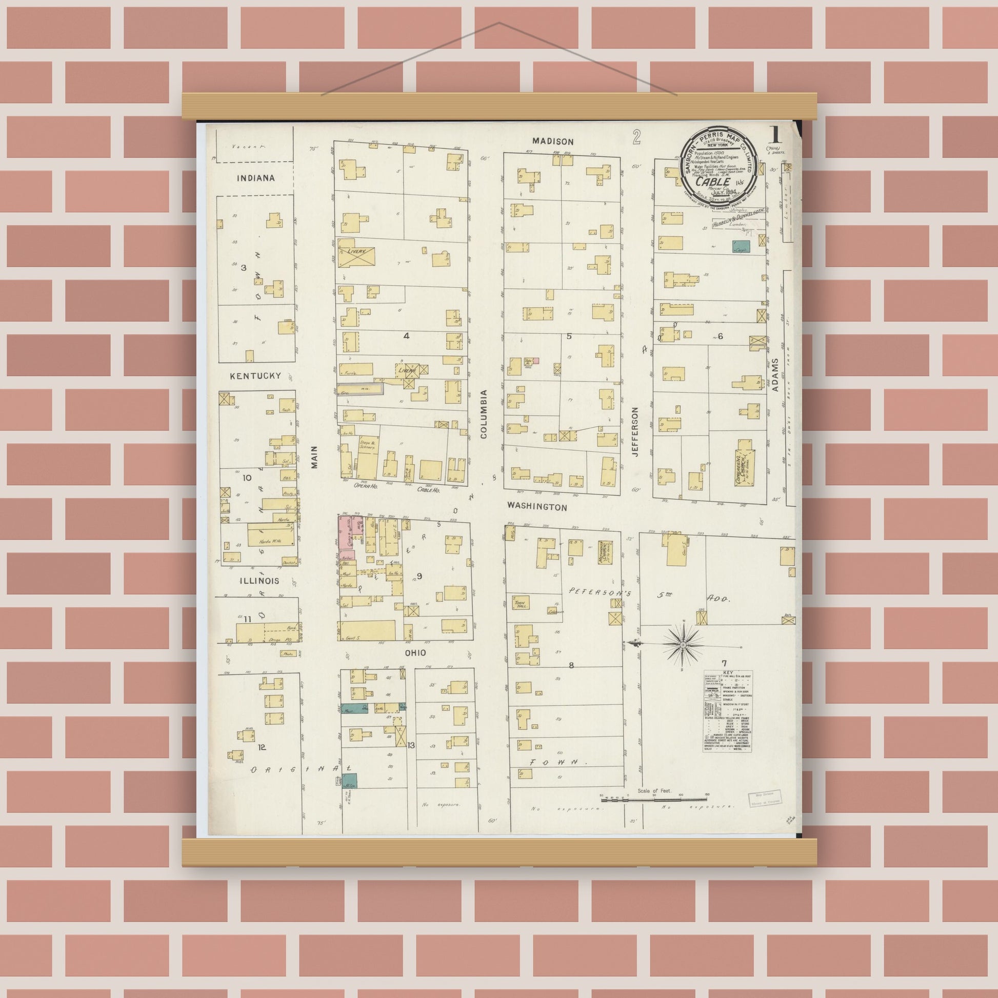 Old map wall art mockup — magnetic wood frame on brick wall — Sanborn Fire Insurance Map from Cable, Mercer County, Illinois (1894) - Complete Map Set