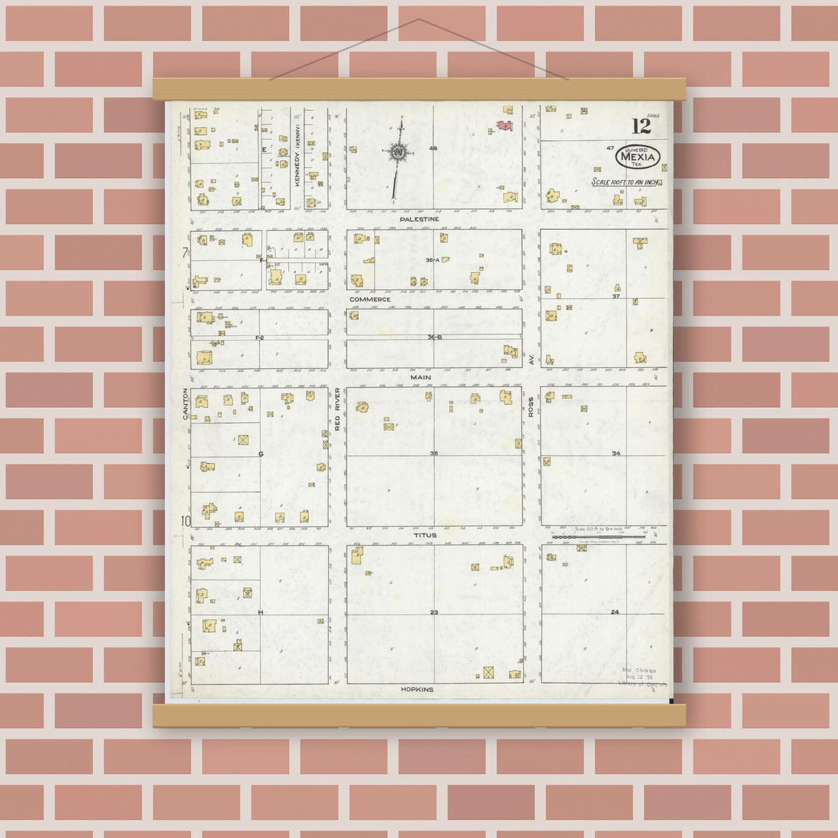 Old map wall art mockup — magnetic wood frame on brick wall — Sanborn Fire Insurance Map from Mexia, Limestone County, Texas (1921), Sheet #0012
