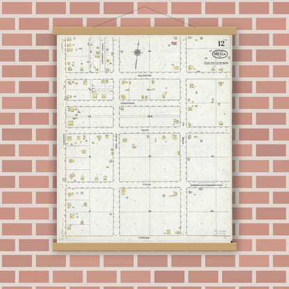 Old map wall art mockup — magnetic wood frame on brick wall — Sanborn Fire Insurance Map from Mexia, Limestone County, Texas (1921), Sheet #0012