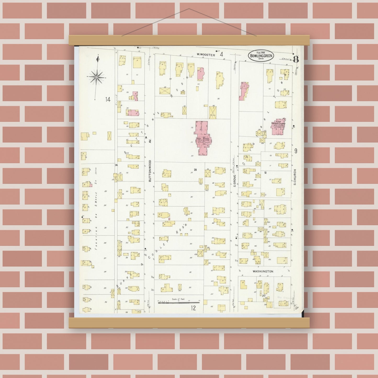 Old map wall art mockup — magnetic wood frame on brick wall — Sanborn Fire Insurance Map from Bowling Green, Wood County, Ohio (1908), Sheet #0008