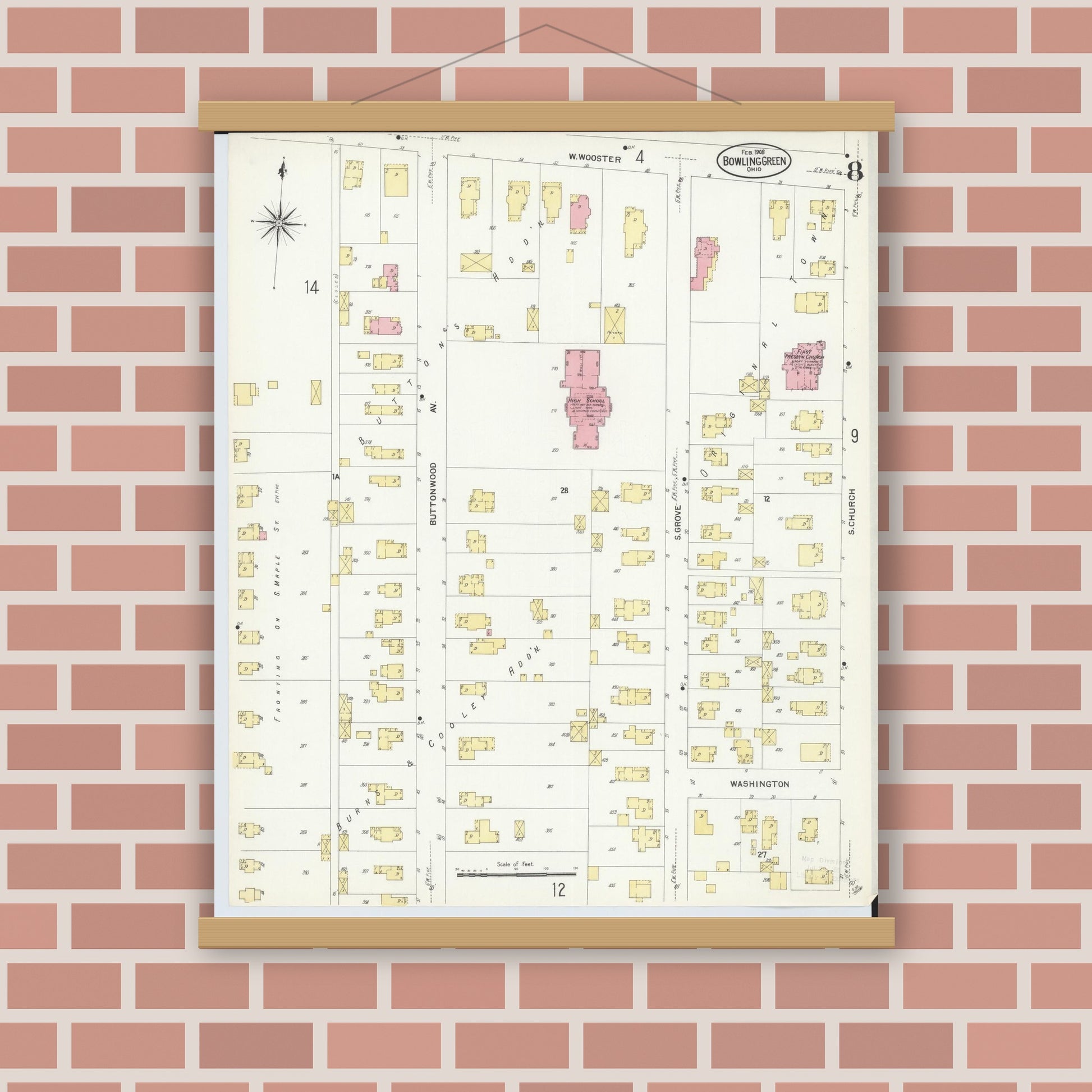 Old map wall art mockup — magnetic wood frame on brick wall — Sanborn Fire Insurance Map from Bowling Green, Wood County, Ohio (1908), Sheet #0008