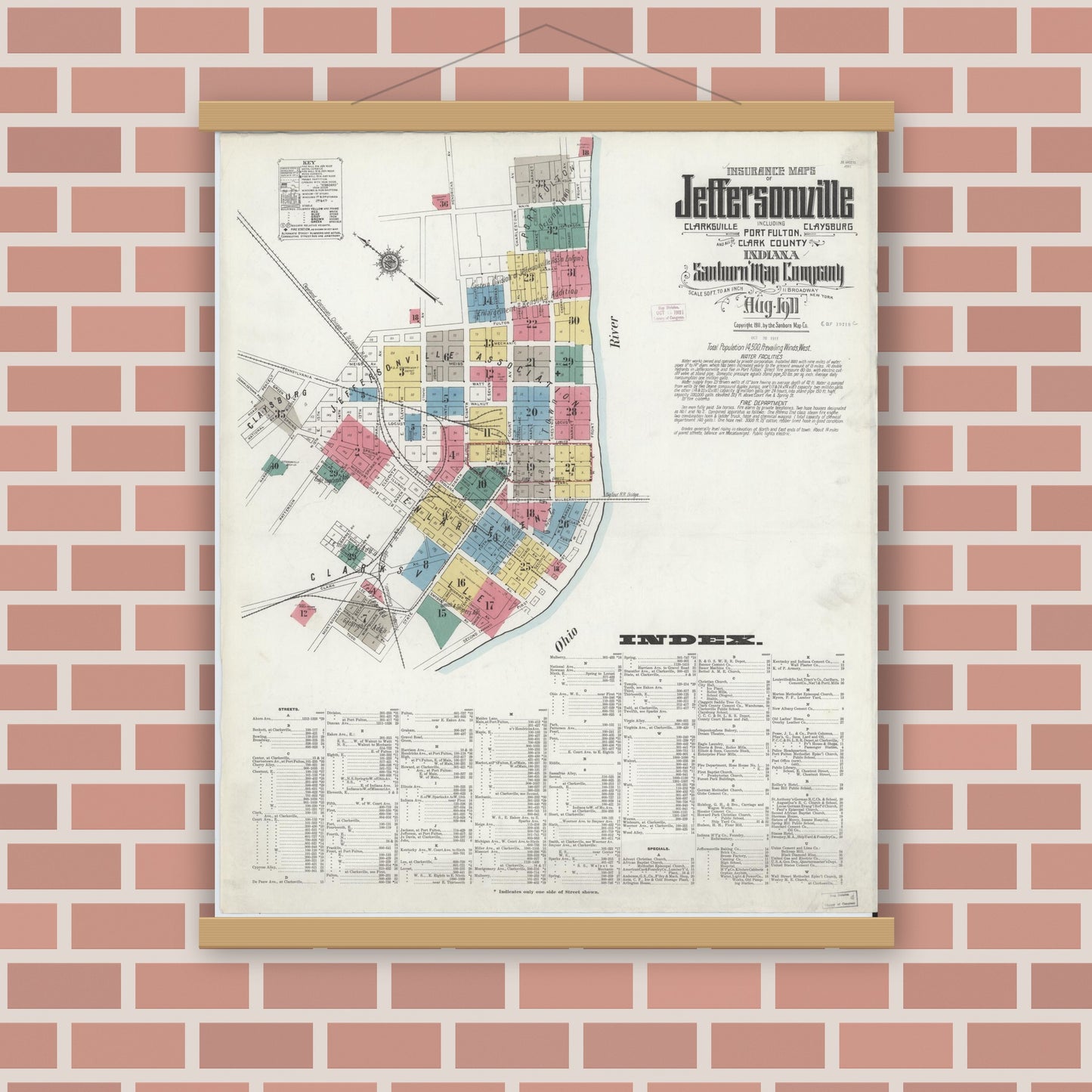 Old map wall art mockup — magnetic wood frame on brick wall — Sanborn Fire Insurance Map from Jeffersonville, Clark County, Indiana (1911) - Complete Map Set