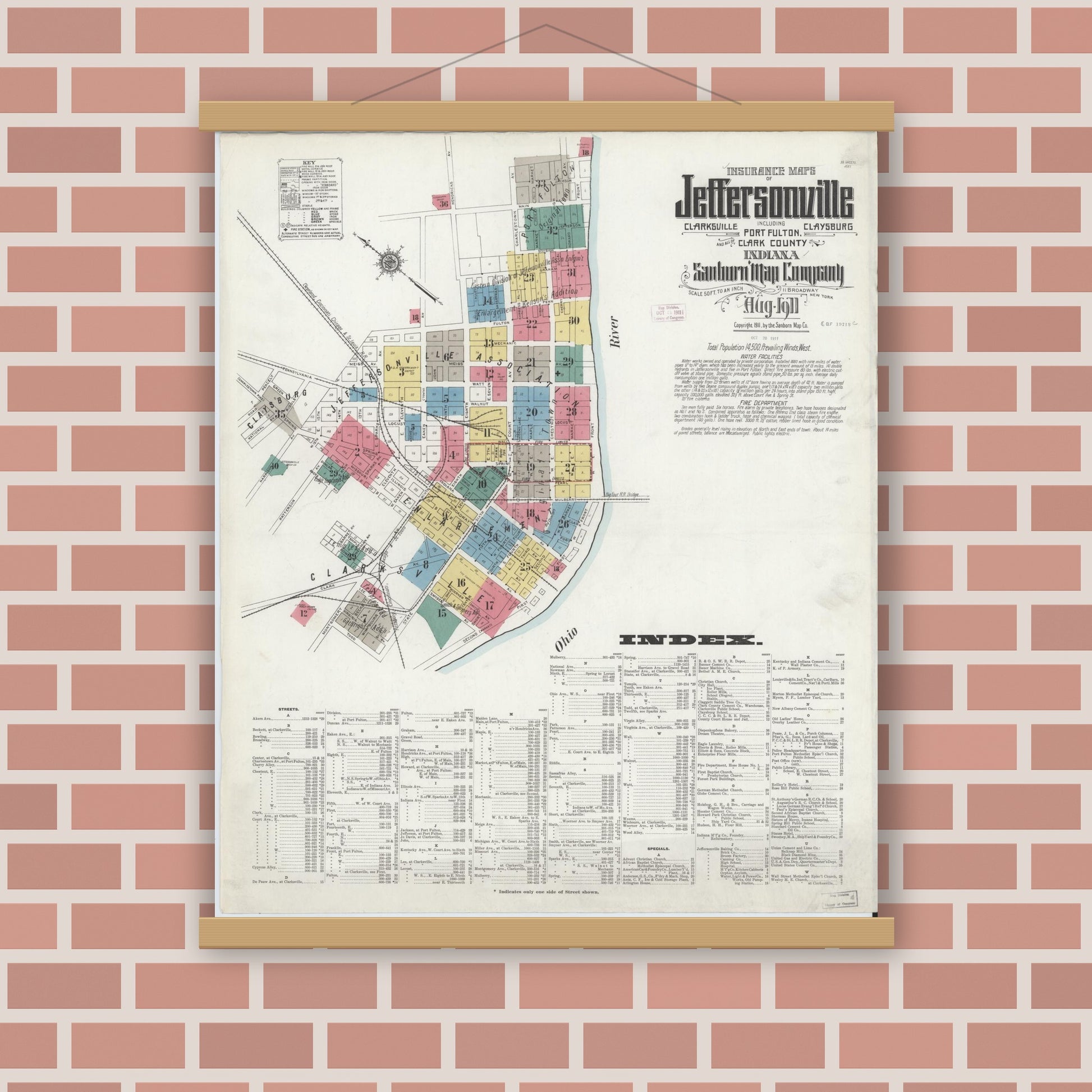 Old map wall art mockup — magnetic wood frame on brick wall — Sanborn Fire Insurance Map from Jeffersonville, Clark County, Indiana (1911) - Complete Map Set