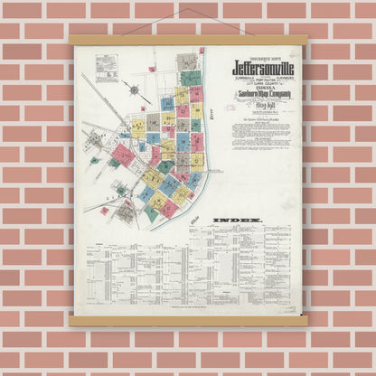 Old map wall art mockup — magnetic wood frame on brick wall — Sanborn Fire Insurance Map from Jeffersonville, Clark County, Indiana (1911) - Complete Map Set