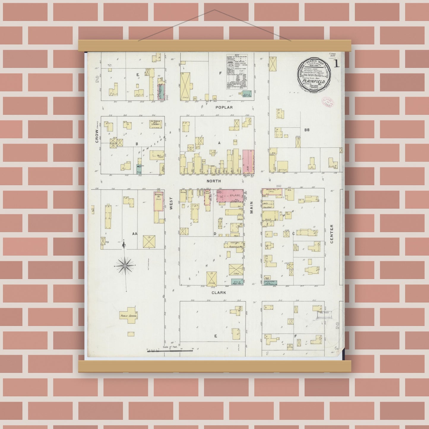 Old map wall art mockup — magnetic wood frame on brick wall — Sanborn Fire Insurance Map from Plainfield, Waushara County, Wisconsin (1894), Sheet #0001
