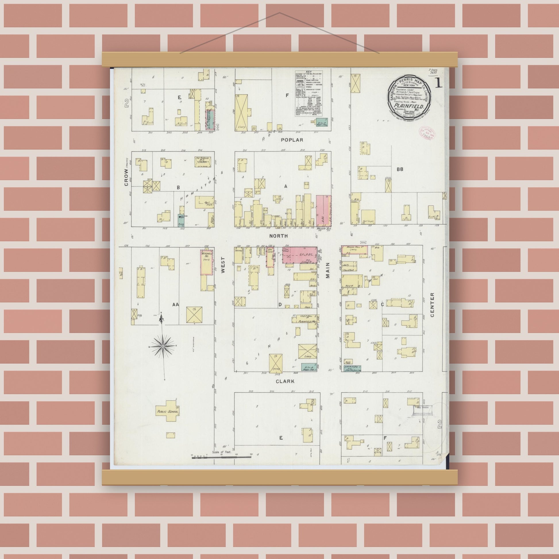 Old map wall art mockup — magnetic wood frame on brick wall — Sanborn Fire Insurance Map from Plainfield, Waushara County, Wisconsin (1894), Sheet #0001