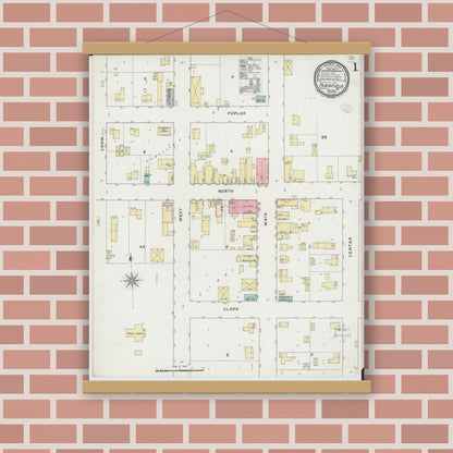 Old map wall art mockup — magnetic wood frame on brick wall — Sanborn Fire Insurance Map from Plainfield, Waushara County, Wisconsin (1894), Sheet #0001