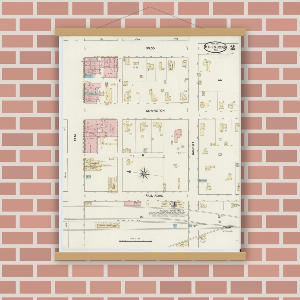 Old map wall art mockup — magnetic wood frame on brick wall — Sanborn Fire Insurance Map from Hillsboro, Hill County, Texas (1891), Sheet #0002