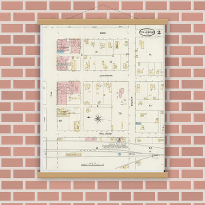 Old map wall art mockup — magnetic wood frame on brick wall — Sanborn Fire Insurance Map from Hillsboro, Hill County, Texas (1891), Sheet #0002