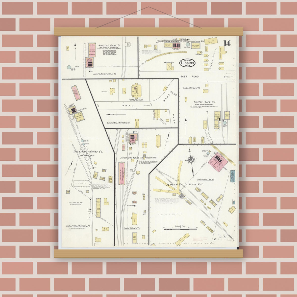 Old map wall art mockup — magnetic wood frame on brick wall — Sanborn Fire Insurance Map from Hibbing, Saint Louis County, Minnesota (1913), Sheet #0014