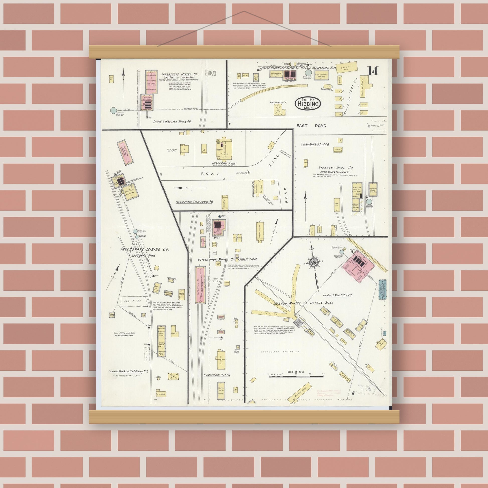 Old map wall art mockup — magnetic wood frame on brick wall — Sanborn Fire Insurance Map from Hibbing, Saint Louis County, Minnesota (1913), Sheet #0014