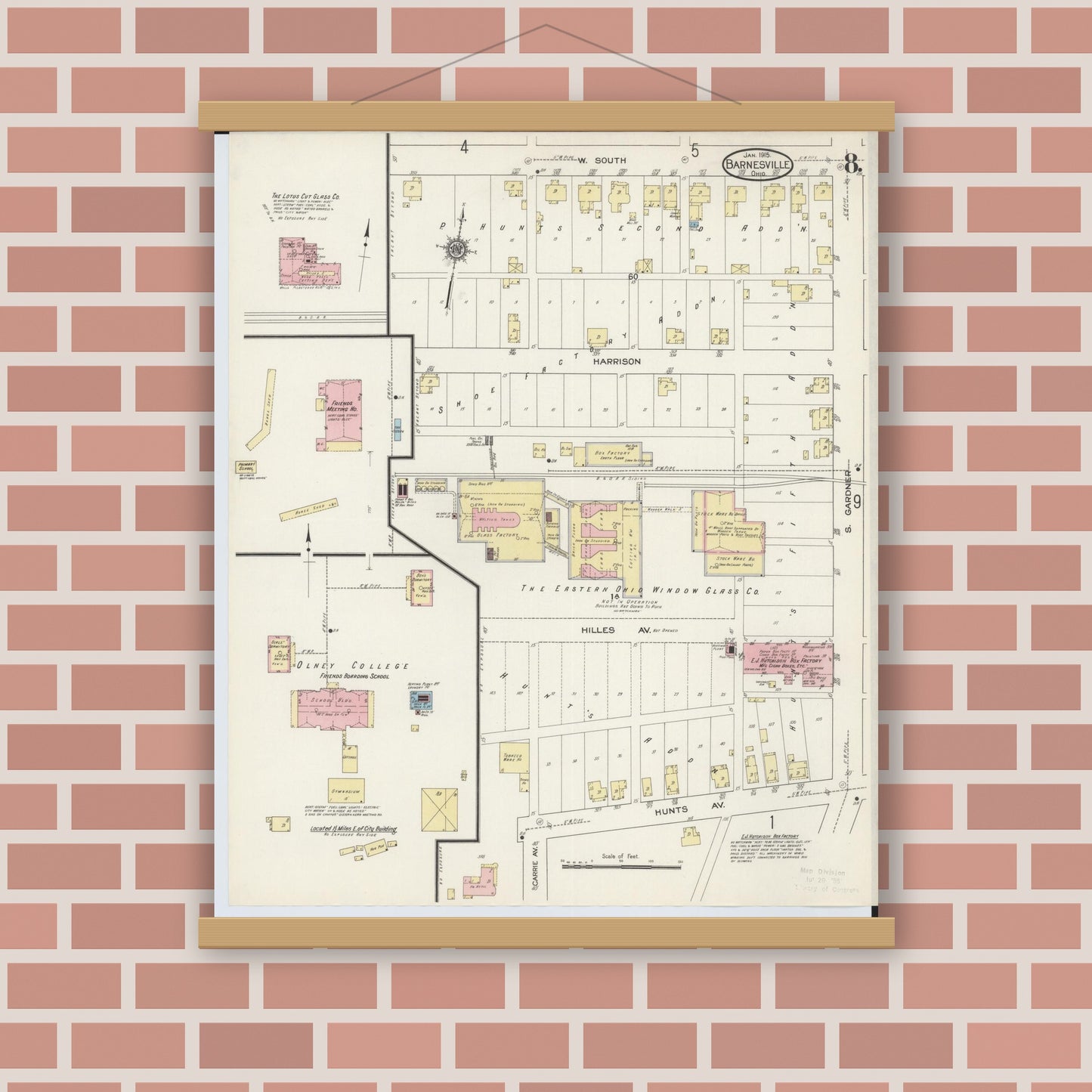 Old map wall art mockup — magnetic wood frame on brick wall — Sanborn Fire Insurance Map from Barnesville, Belmont County, Ohio (1915), Sheet #0008