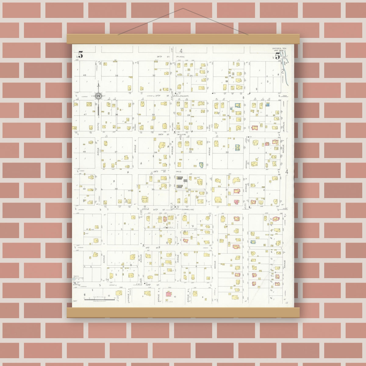 Old map wall art mockup — magnetic wood frame on brick wall — Sanborn Fire Insurance Map from Snyder, Scurry County, Texas (1936), Sheet #0005