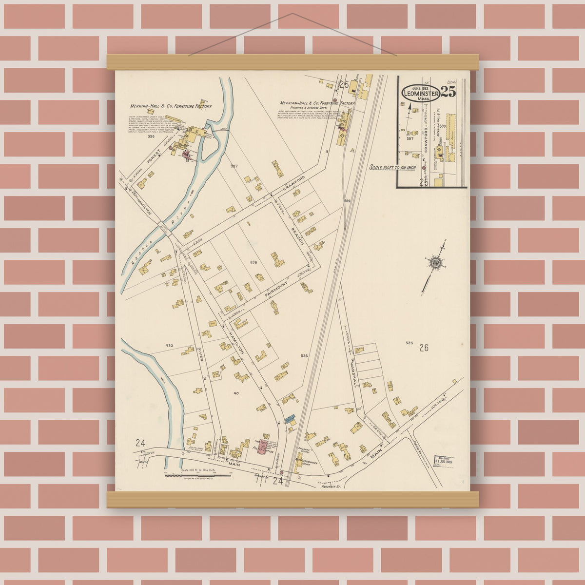 Old map wall art mockup — magnetic wood frame on brick wall — Sanborn Fire Insurance Map from Leominster, Worcester County, Massachusetts (1922), Sheet #0025