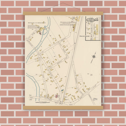 Old map wall art mockup — magnetic wood frame on brick wall — Sanborn Fire Insurance Map from Leominster, Worcester County, Massachusetts (1922), Sheet #0025