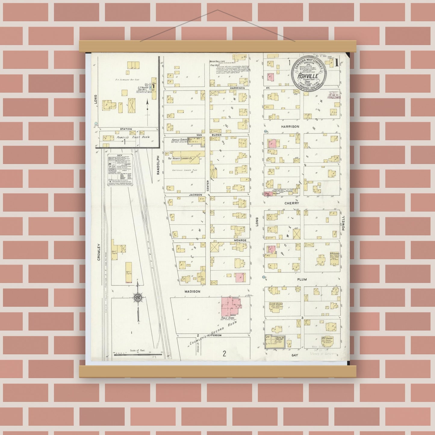 Old map wall art mockup — magnetic wood frame on brick wall — Sanborn Fire Insurance Map from Ashville, Pickaway County, Ohio (1910), Sheet #0001