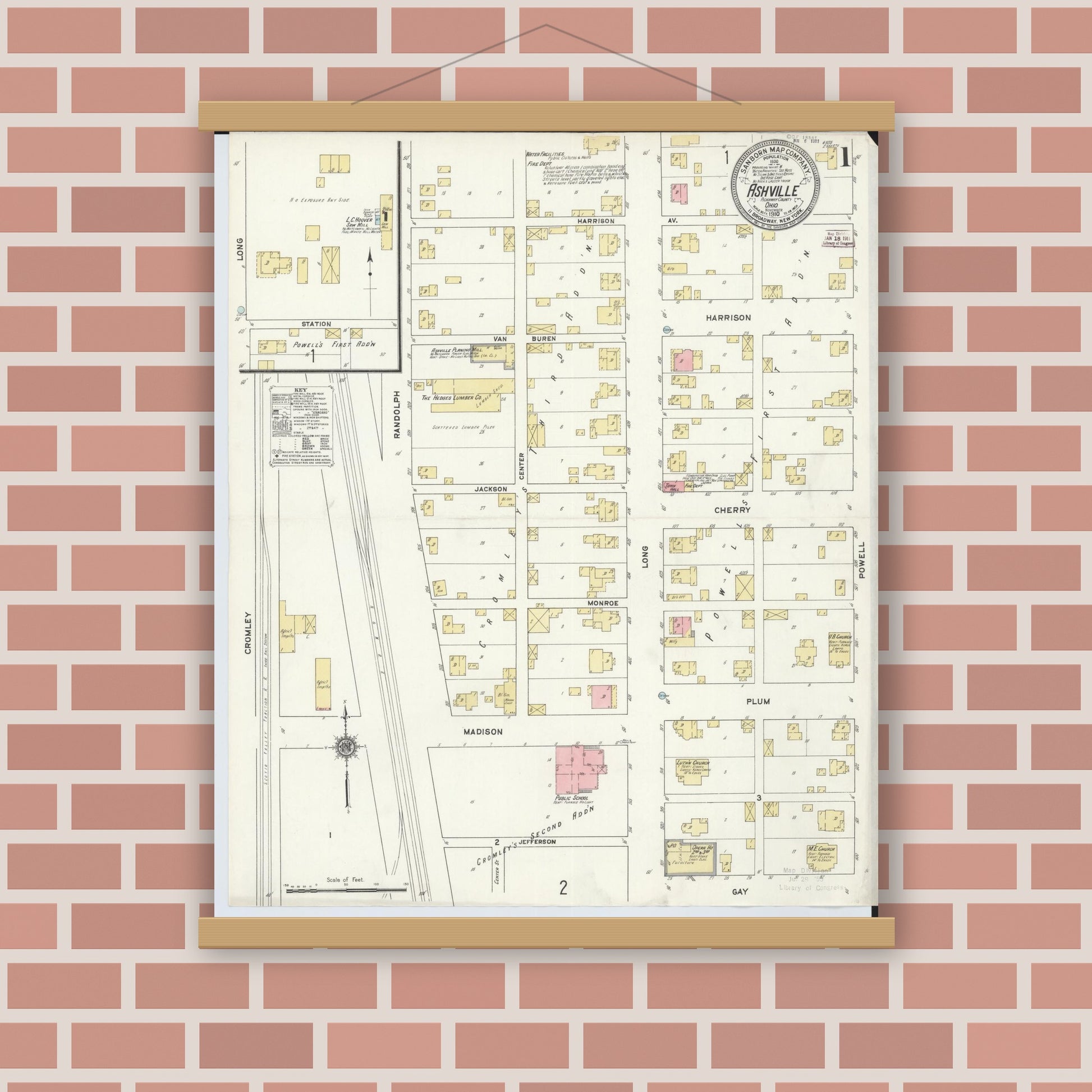 Old map wall art mockup — magnetic wood frame on brick wall — Sanborn Fire Insurance Map from Ashville, Pickaway County, Ohio (1910), Sheet #0001