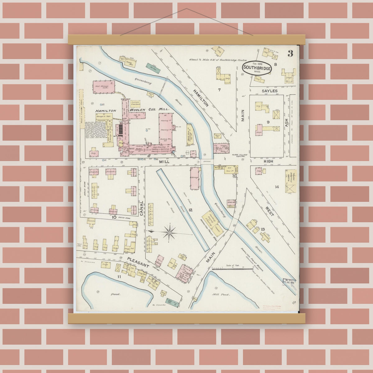 Old map wall art mockup — magnetic wood frame on brick wall — Sanborn Fire Insurance Map from Southbridge, Worcester County, Massachusetts (1888), Sheet #0003