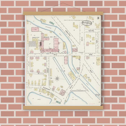 Old map wall art mockup — magnetic wood frame on brick wall — Sanborn Fire Insurance Map from Southbridge, Worcester County, Massachusetts (1888), Sheet #0003
