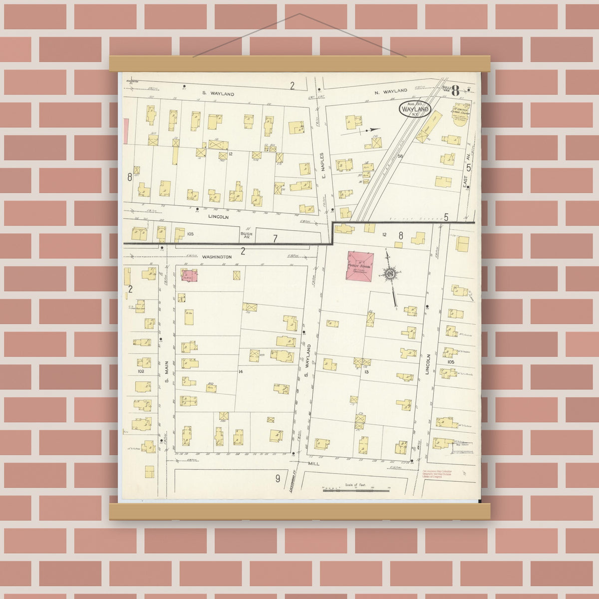 Old map wall art mockup — magnetic wood frame on brick wall — Sanborn Fire Insurance Map from Wayland, Steuben County, New York (1913), Sheet #0008