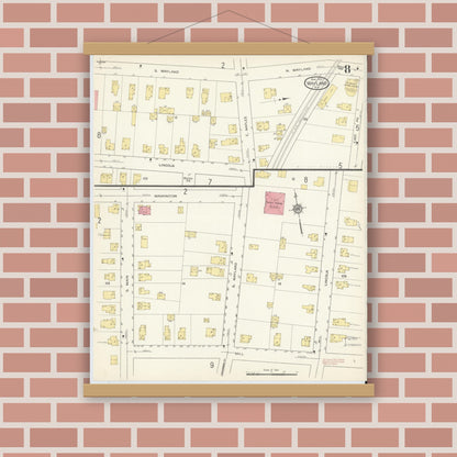 Old map wall art mockup — magnetic wood frame on brick wall — Sanborn Fire Insurance Map from Wayland, Steuben County, New York (1913), Sheet #0008