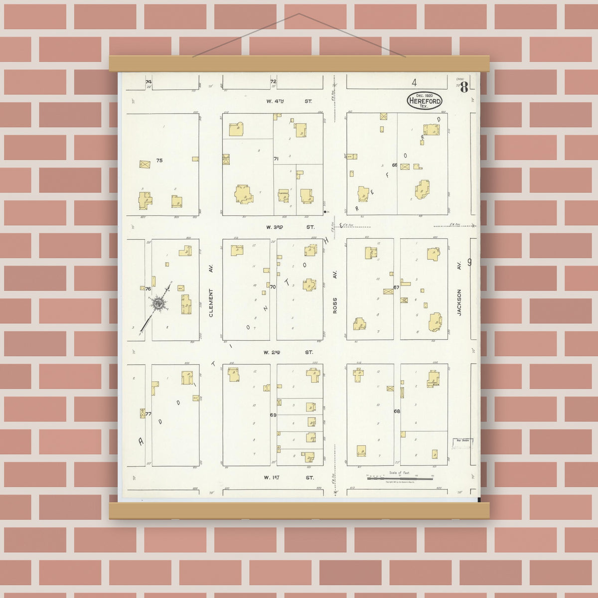 Old map wall art mockup — magnetic wood frame on brick wall — Sanborn Fire Insurance Map from Hereford, Deaf Smith County, Texas (1920), Sheet #0008