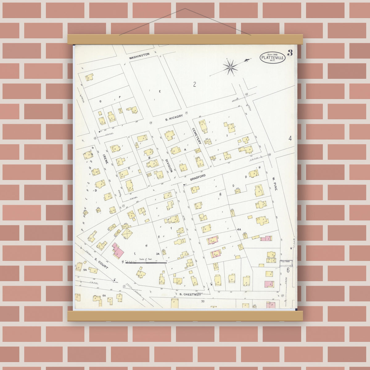 Old map wall art mockup — magnetic wood frame on brick wall — Sanborn Fire Insurance Map from Platteville, Grant County, Wisconsin (1908), Sheet #0003