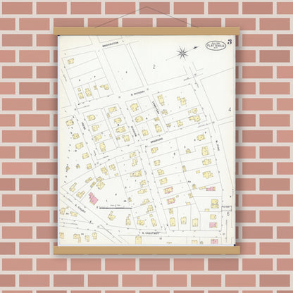 Old map wall art mockup — magnetic wood frame on brick wall — Sanborn Fire Insurance Map from Platteville, Grant County, Wisconsin (1908), Sheet #0003