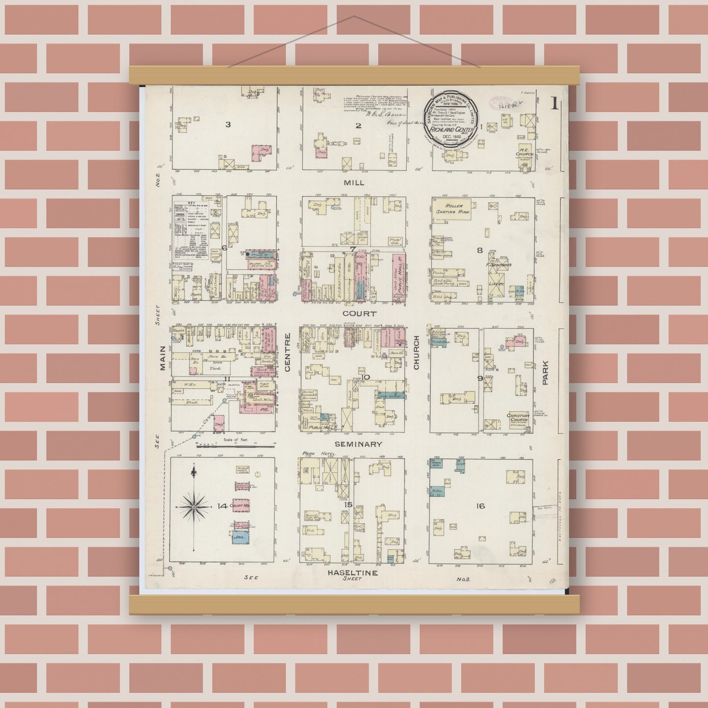 Old map wall art mockup — magnetic wood frame on brick wall — Sanborn Fire Insurance Map from Richland Center, Richland County, Wisconsin (1883) - Complete Map Set