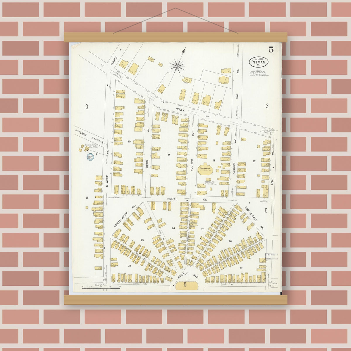 Old map wall art mockup — magnetic wood frame on brick wall — Sanborn Fire Insurance Map from Pitman, Gloucester County, New Jersey (1908), Sheet #0005