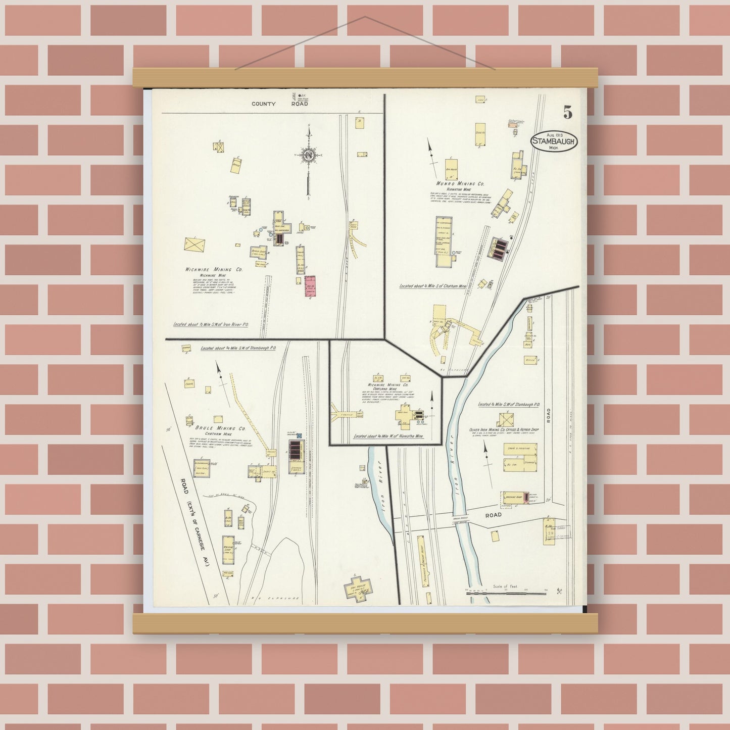 Old map wall art mockup — magnetic wood frame on brick wall — Sanborn Fire Insurance Map from Stambaugh, Iron County, Michigan (1913), Sheet #0005