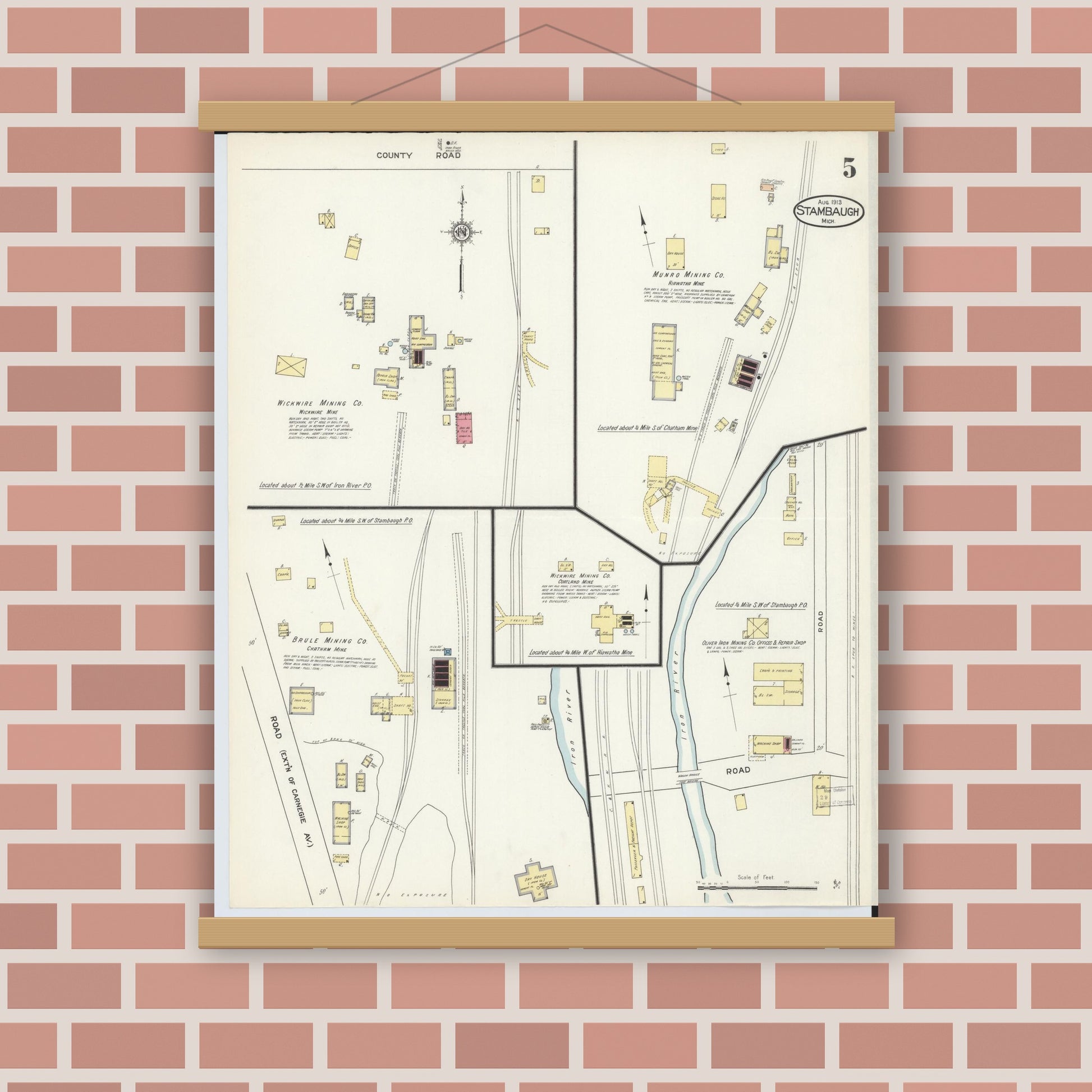 Old map wall art mockup — magnetic wood frame on brick wall — Sanborn Fire Insurance Map from Stambaugh, Iron County, Michigan (1913), Sheet #0005