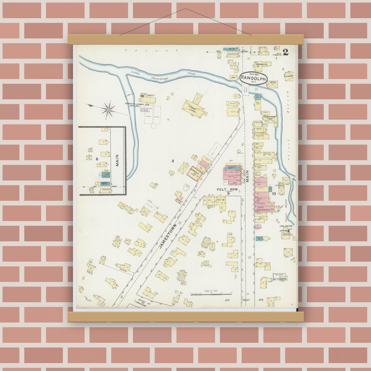 Old map wall art mockup — magnetic wood frame on brick wall — Sanborn Fire Insurance Map from Randolph, Cattaraugus County, New York (1891), Sheet #0002