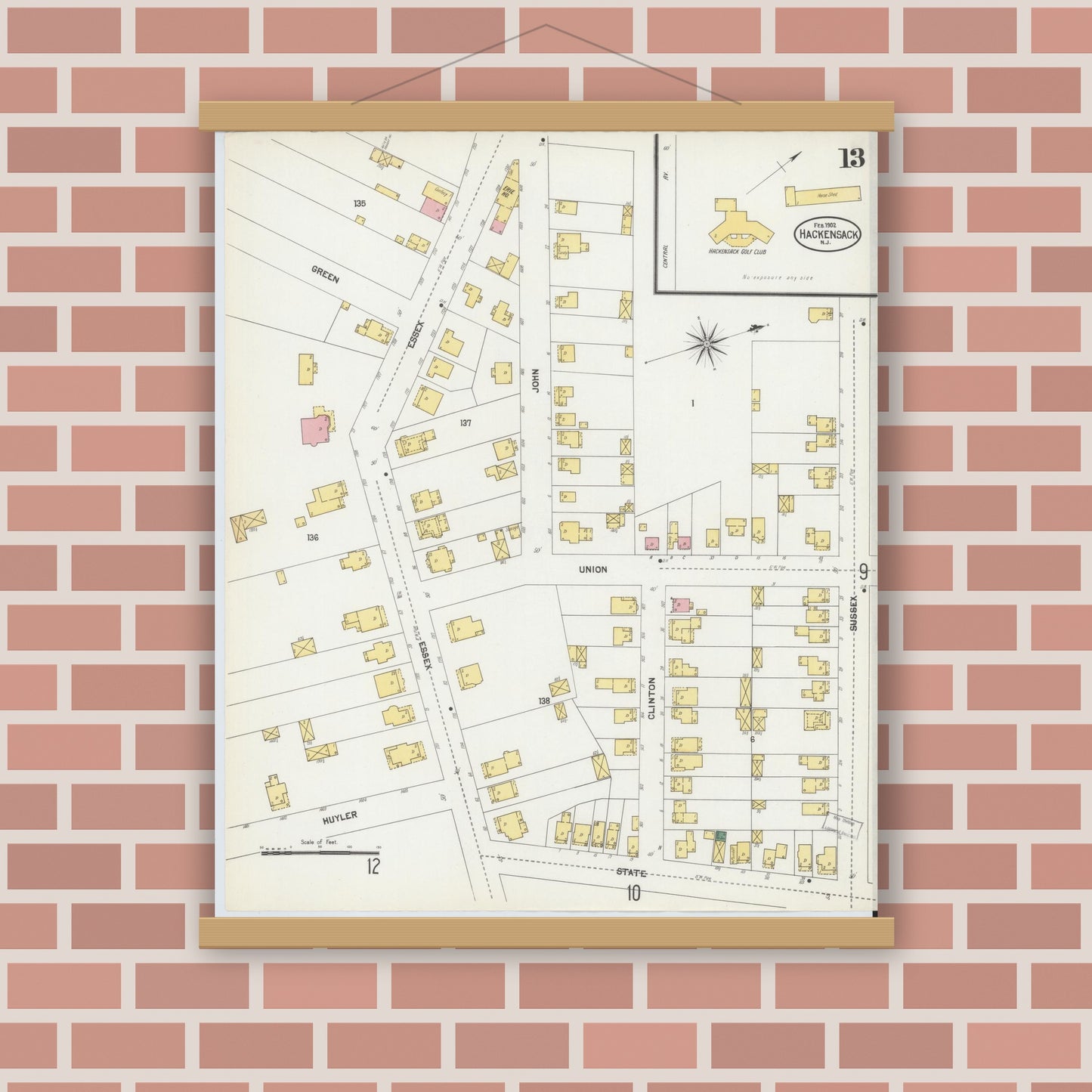 Old map wall art mockup — magnetic wood frame on brick wall — Sanborn Fire Insurance Map from Hackensack, Bergen County, New Jersey (1902), Sheet #0013